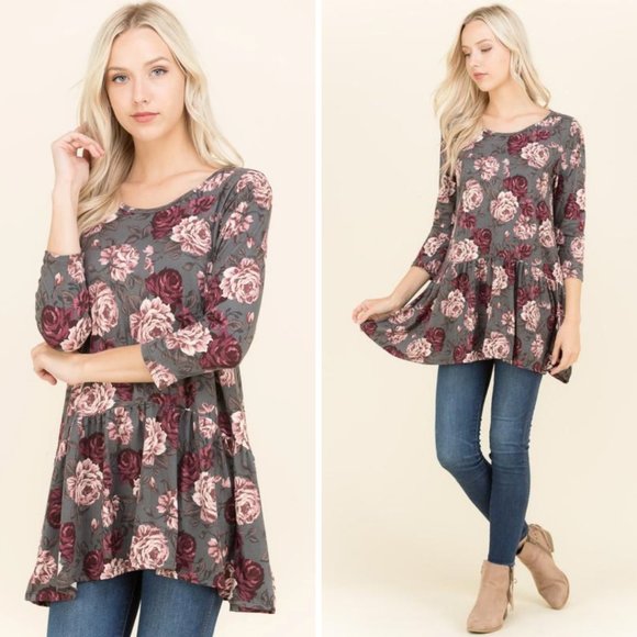 Boutique Tops - Floral 3/4 Sleeve Blouse Top Gray/Pink